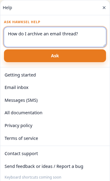 Help panel for feedback and Ask