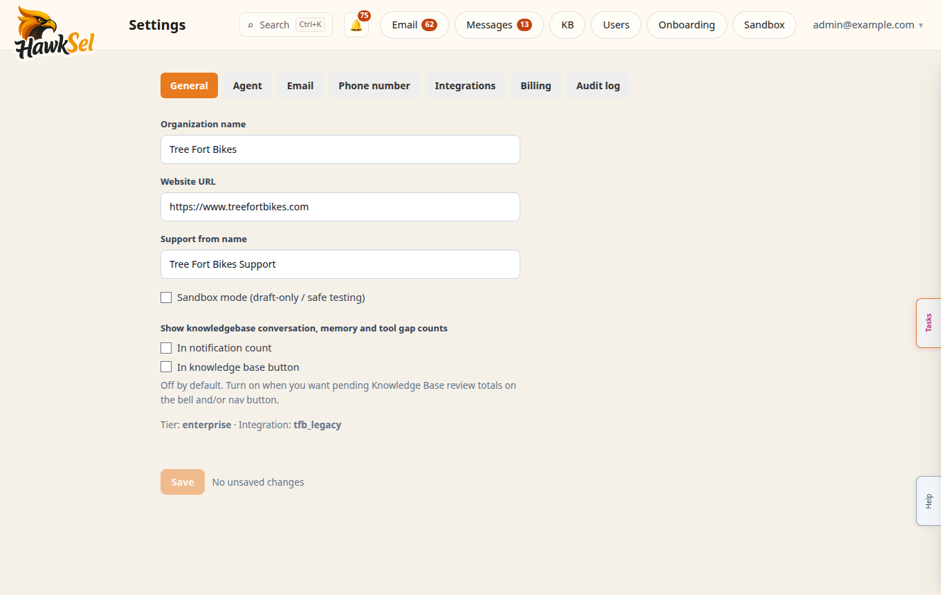 Settings tabs and integration status